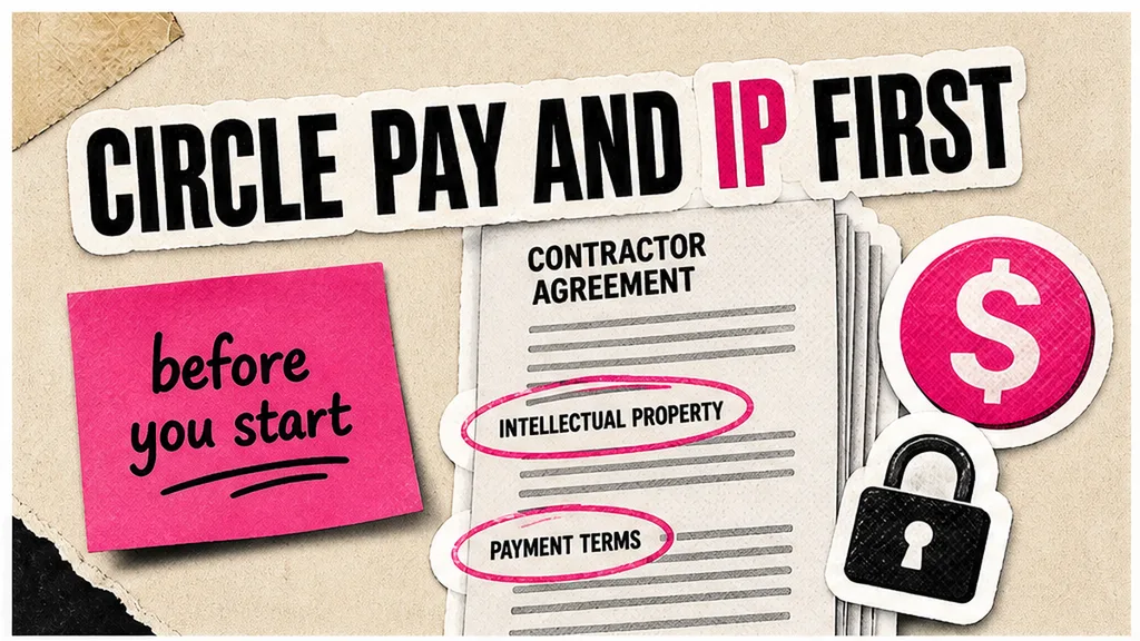 Contractor agreement with circled IP and payment lines, sticky before you start