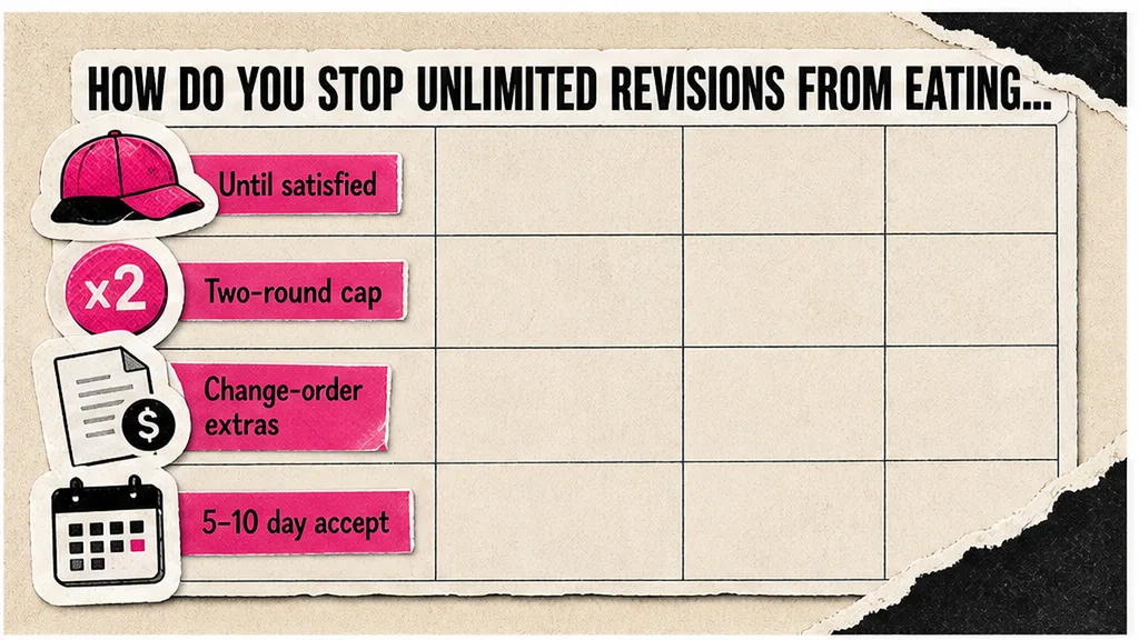 Until satisfied versus two-round cap, change-order extras, 5–10 day accept