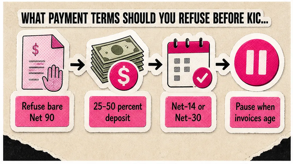 Refuse bare Net 90, 25–50 percent deposit, Net-14 or Net-30, pause when invoices age