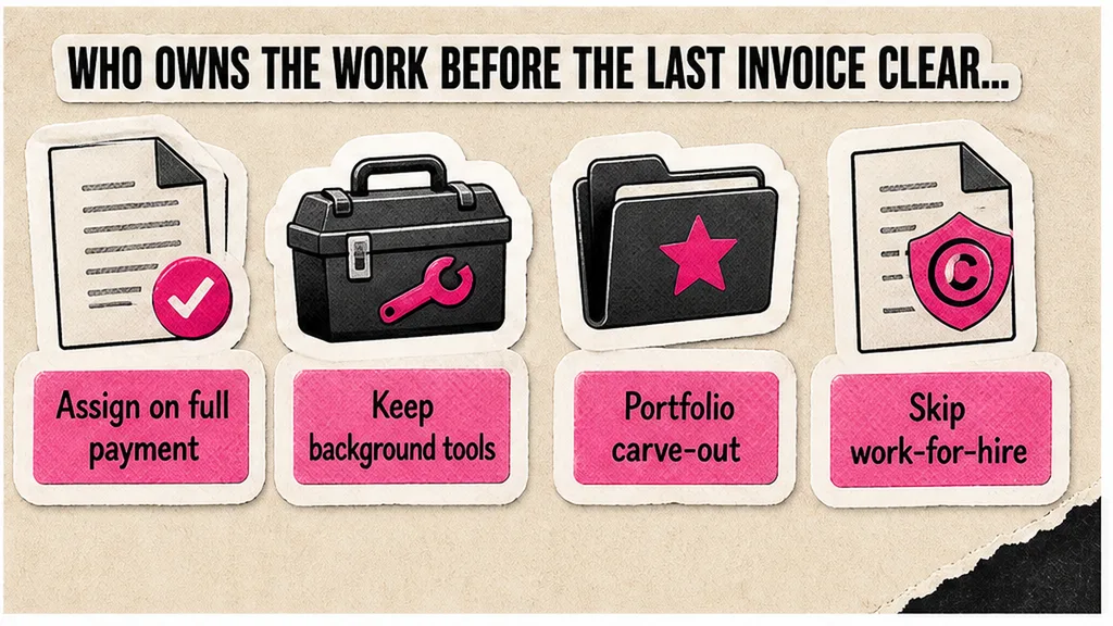 Assign on full payment, keep background tools, portfolio carve-out, skip work-for-hire