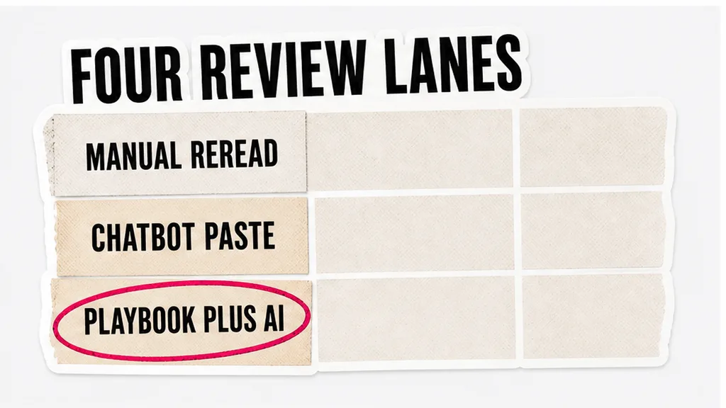 Manual reread, chatbot paste, playbook plus AI — 50-70 percent from the article