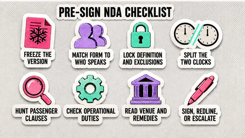 Eight-step NDA checklist from freeze to sign, redline, or escalate
