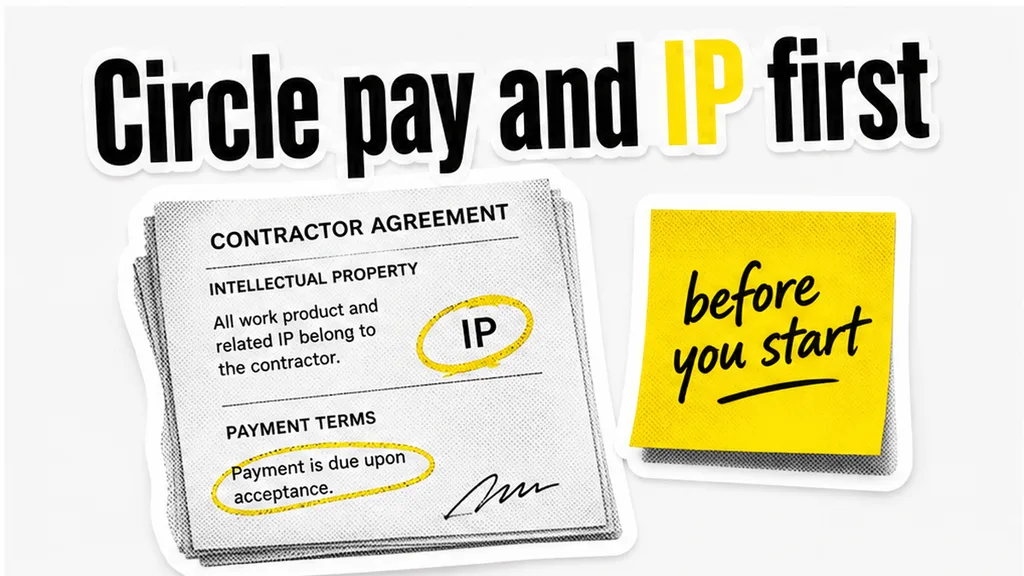 Contractor agreement with circled IP and payment lines, sticky before you start