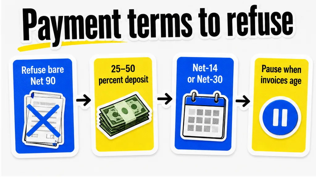 Refuse bare Net 90, 25–50 percent deposit, Net-14 or Net-30, pause when invoices age