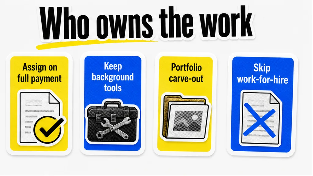 Assign on full payment, keep background tools, portfolio carve-out, skip work-for-hire