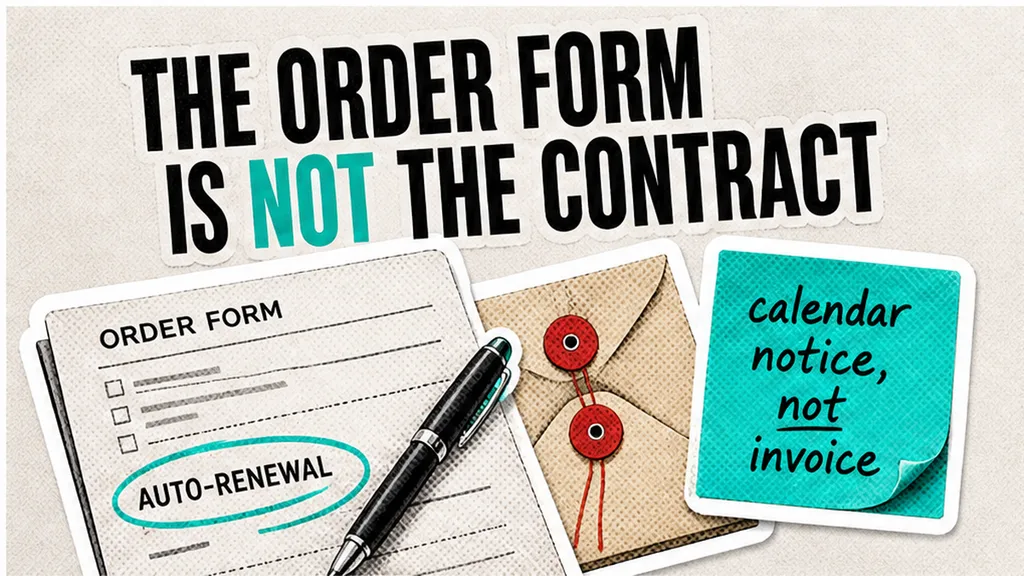 SaaS order form with auto-renewal and 90-day notice circled, sticky calendar notice, not invoice