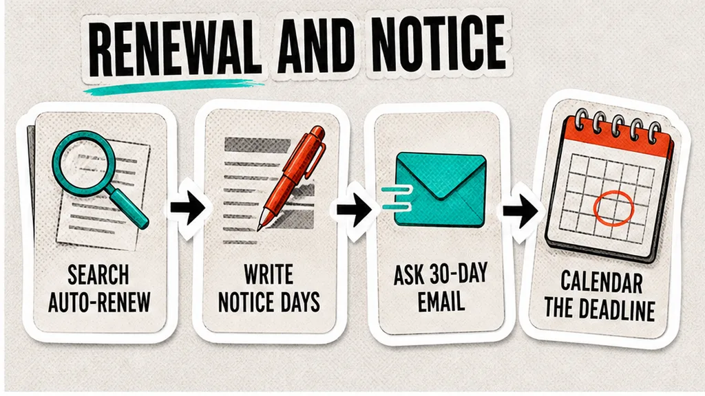 Search auto-renew, write notice days, ask 30-day email, calendar the deadline