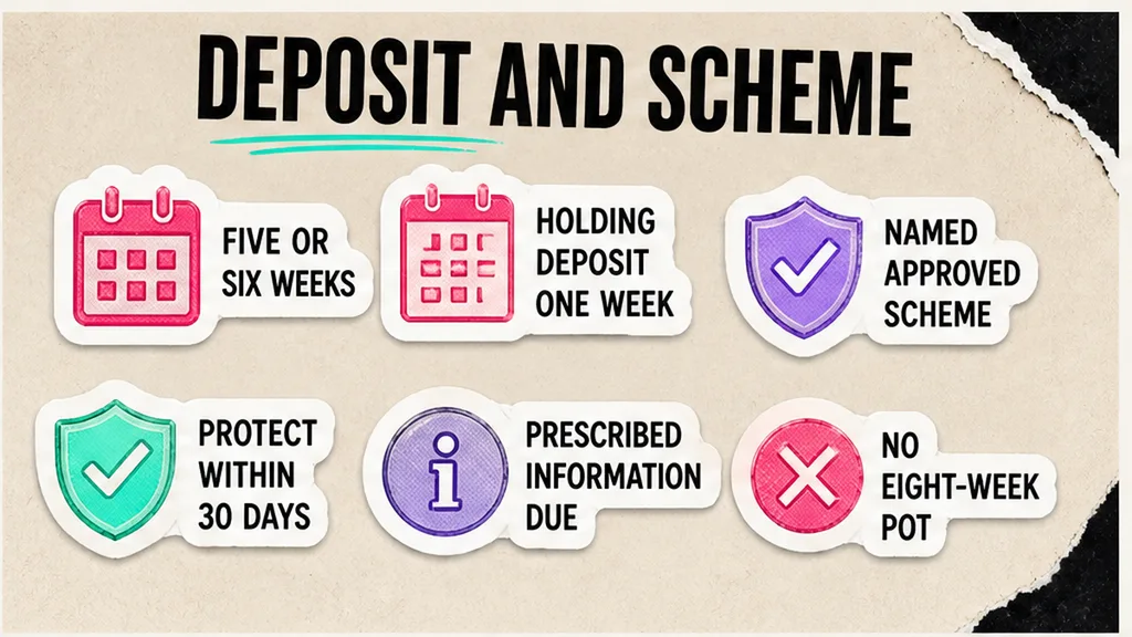 Deposit week-count, approved scheme name, and 30-day prescribed information clock