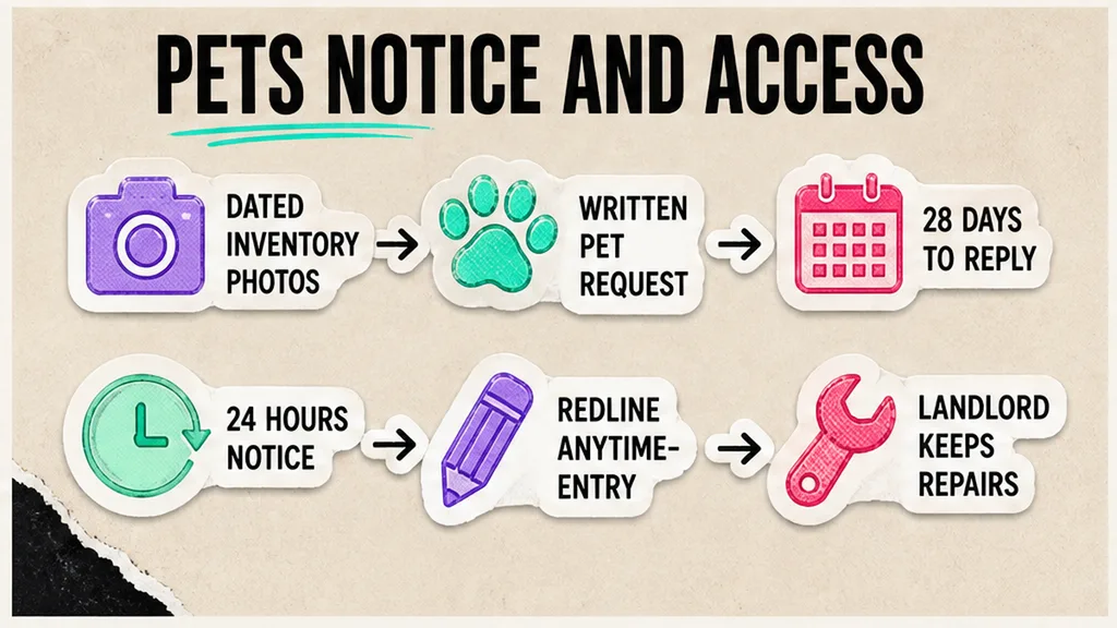 Inventory photos, written pet request, and 24-hour entry notice on a tenancy card