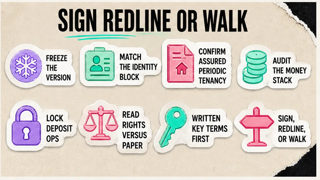 Eight-step England tenancy checklist from freeze the file to sign, redline, or walk