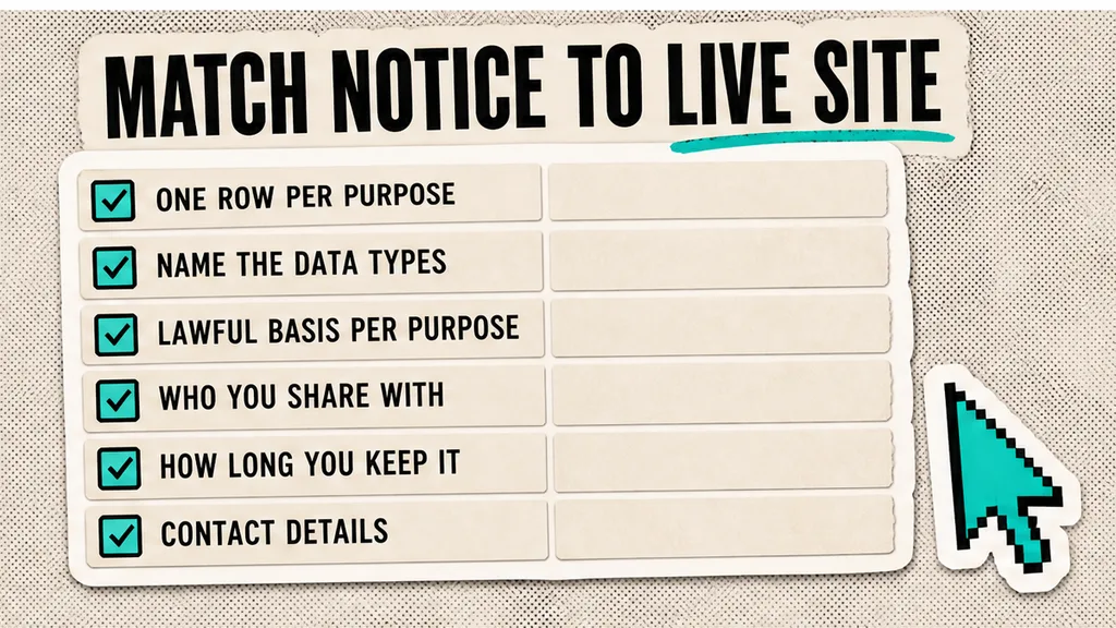 One row per purpose: data types, lawful basis, recipients, retention, and contact
