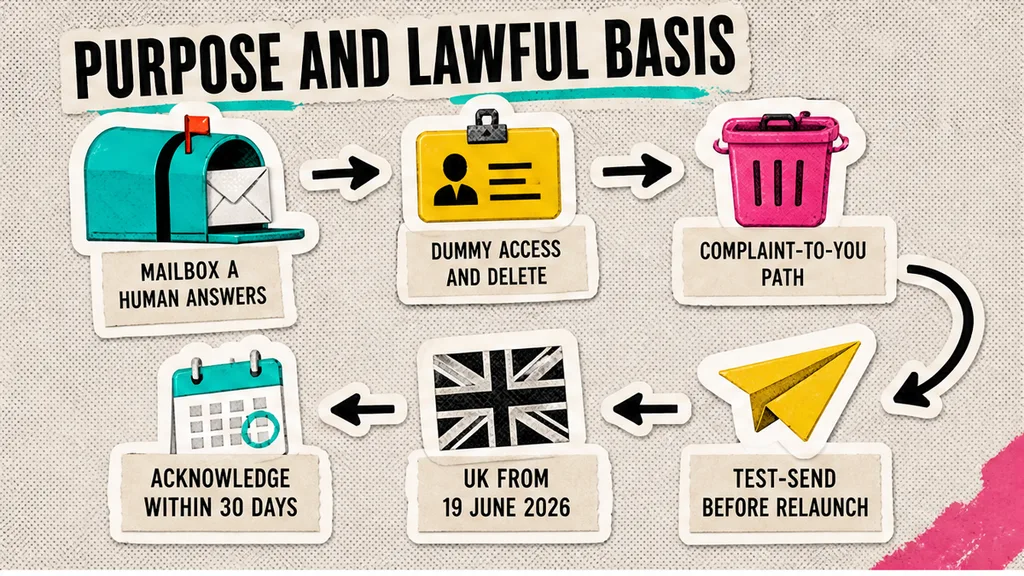 Rights path: working mailbox, dummy access, 30-day acknowledgement, UK 19 June 2026