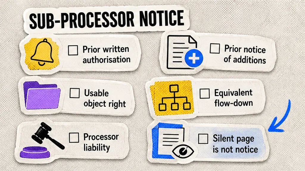 Sub-processor notice, usable object, equivalent flow-down, processor liability