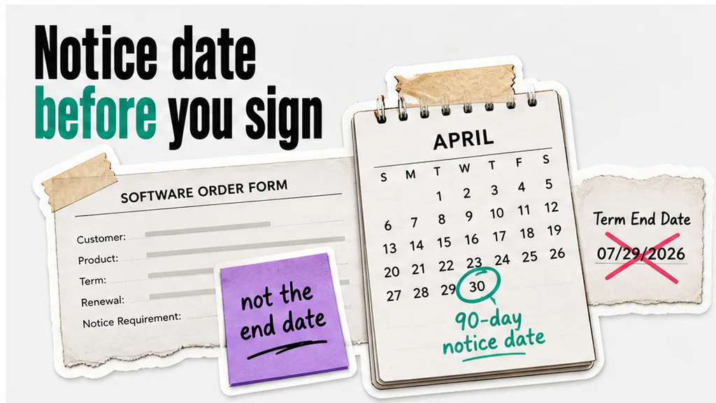 Desk calendar taped to an order form with the 90-day notice date circled, no people