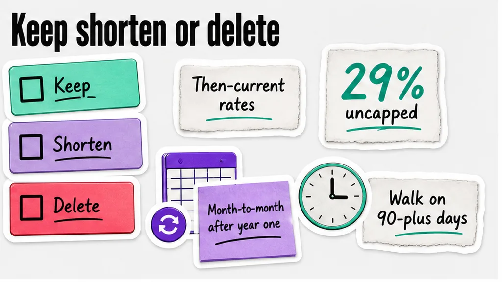 Then-current rates uncapped versus keep, shorten, or delete evergreen