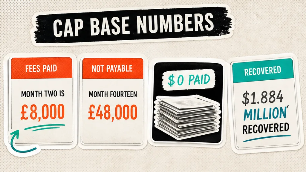 Fees-paid cap math: month two £8,000 versus BHMI $0 paid