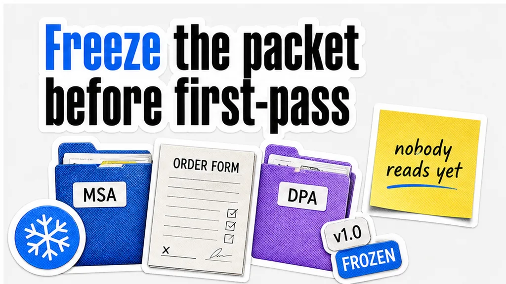 Frozen contract packet folder labeled MSA, order form, and DPA with version stickers, no people