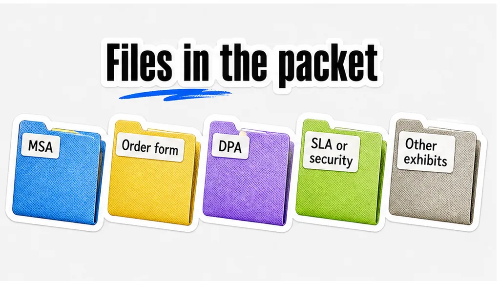 Packet stack tabs: MSA, order form, DPA, SLA or security, other exhibits
