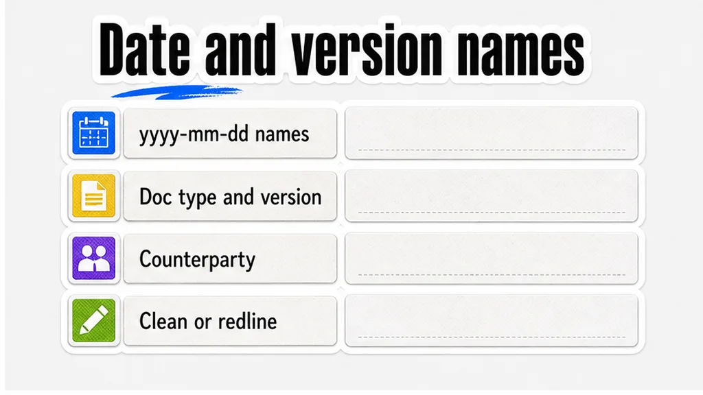 File-name board: date, document type, version, counterparty, clean or redline