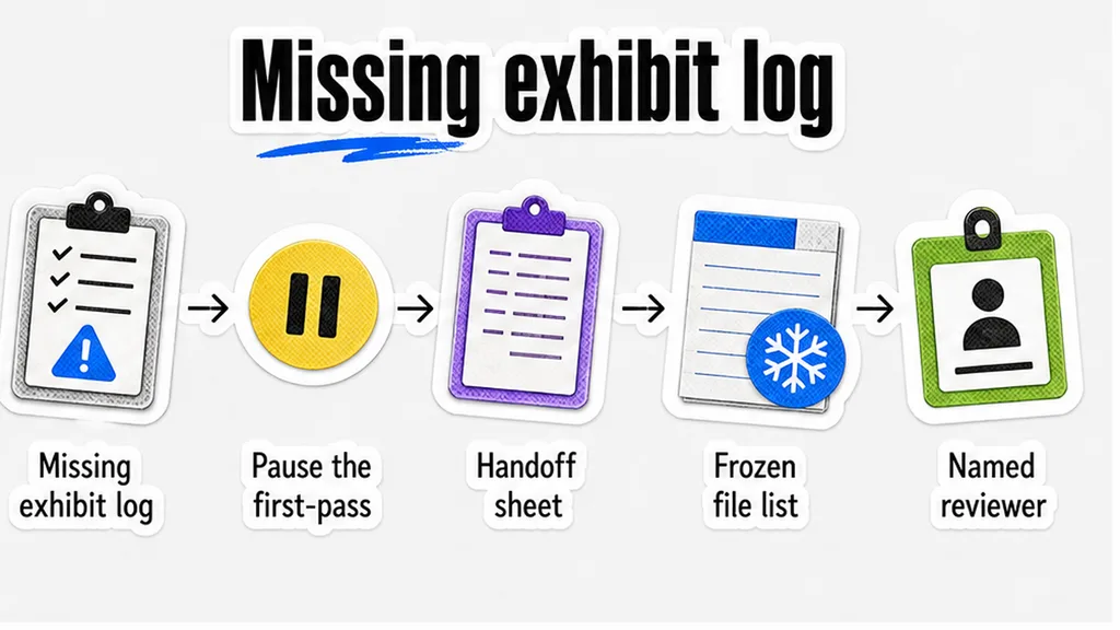 Gap-to-handoff flow: missing exhibit log, pause, frozen file list, named reviewer