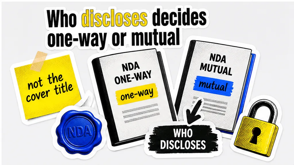 Two NDA covers labeled one-way and mutual, arrow pointing to who discloses, no people