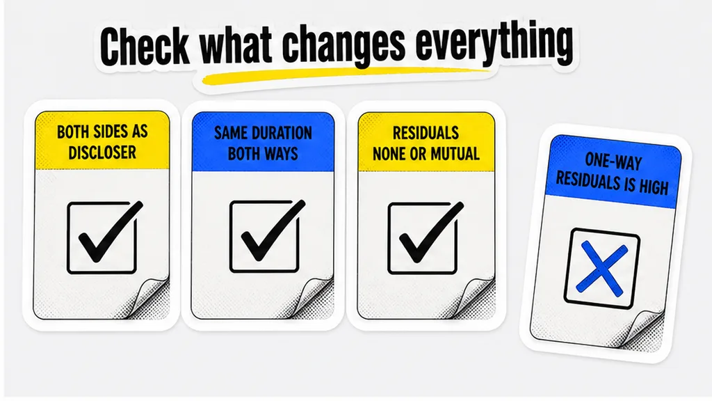 Checklist: both disclosers, same duration both ways, residuals none or mutual