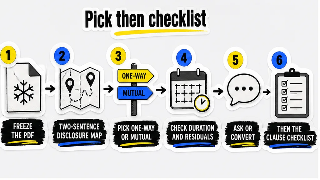 Six-step flow from freeze the PDF to the clause checklist
