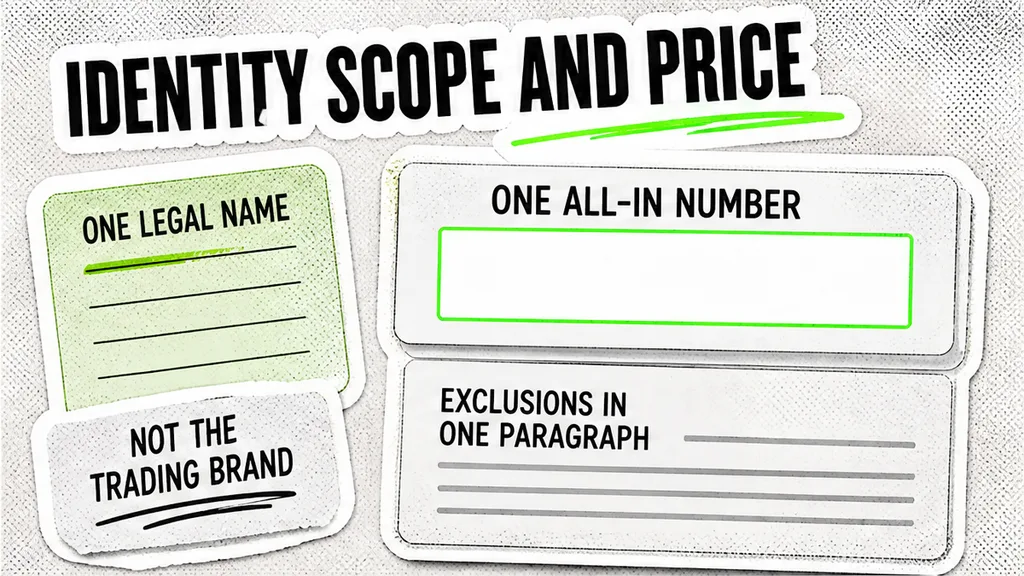 Identity and price screen: one legal name, one all-in number, exclusions, not the trading brand