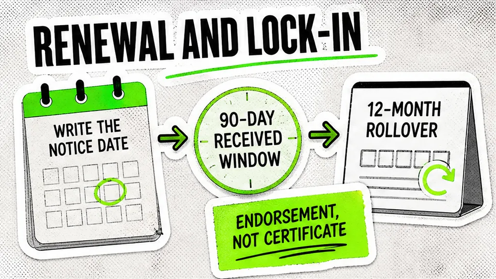 Lock-in workflow: notice date, 90-day received window, 12-month rollover, endorsement not certificate