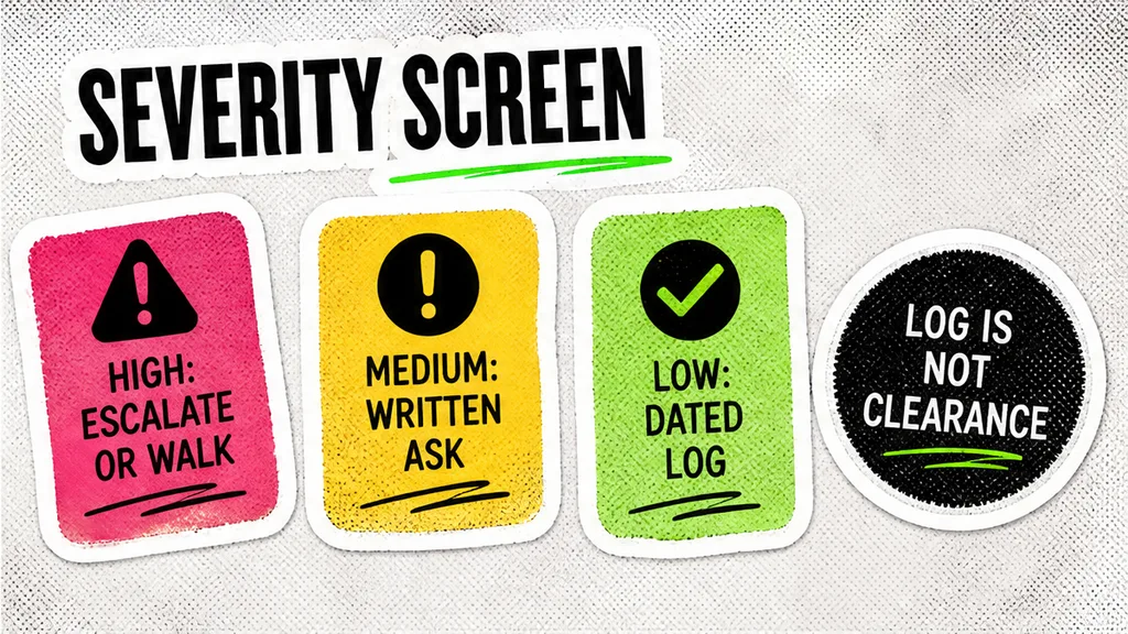 Severity board: High escalate or walk, Medium written ask, Low dated log