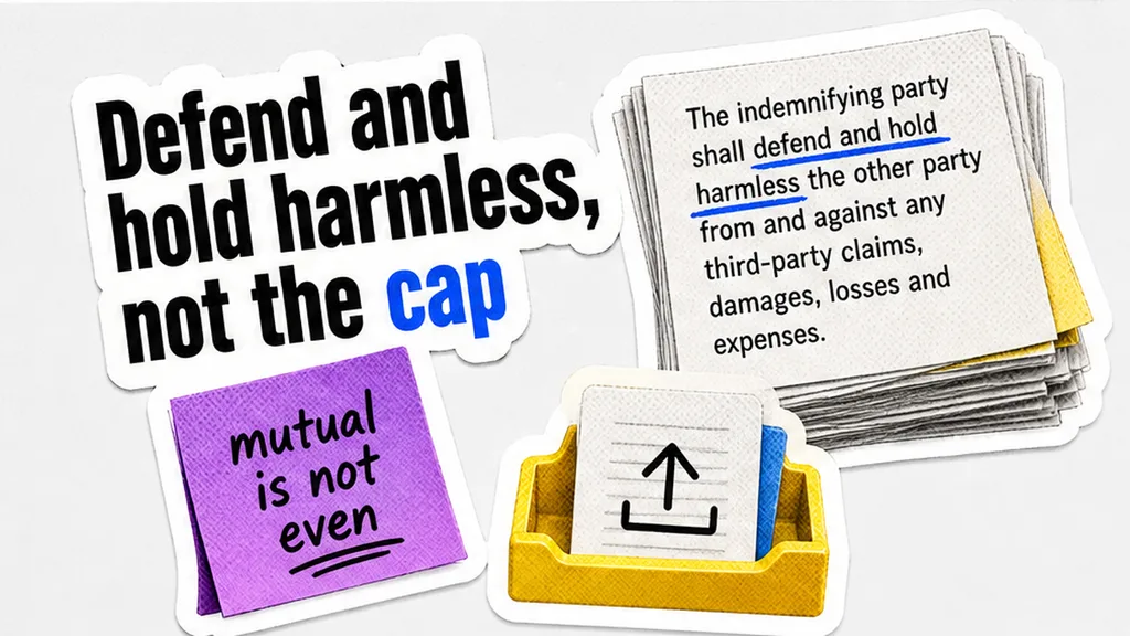 Indemnity clause paragraph with defend and hold harmless underlined, no people