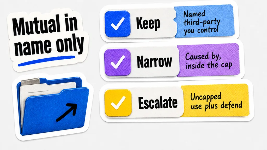 Keep, narrow, or escalate board for named third-party, caused-by inside the cap, and uncapped use plus defend