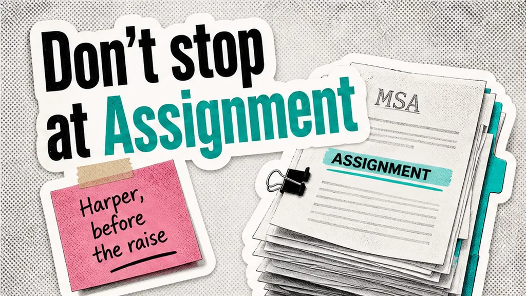 Assignment heading highlighted on a vendor MSA; no Change of Control heading, consent box circled