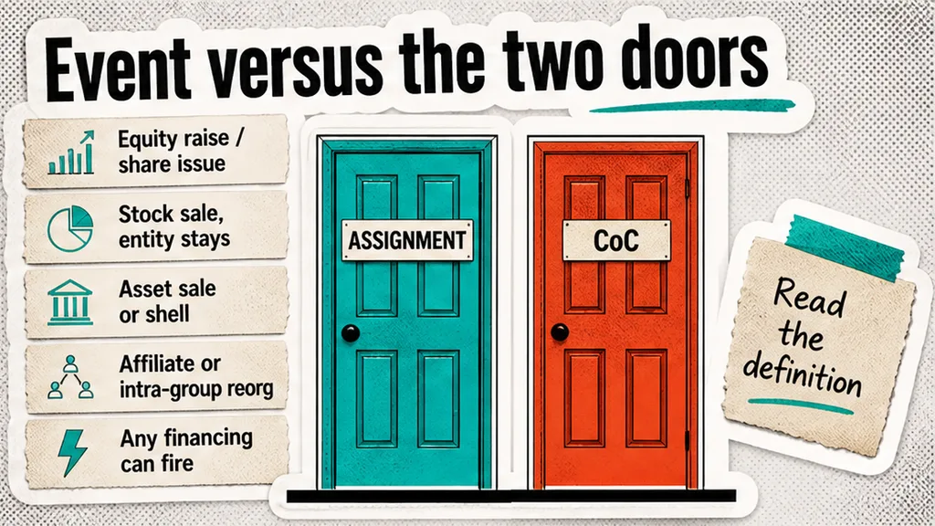 Event versus the two doors: share issue, stock sale, asset sale, and affiliate reorg against assignment and change of control