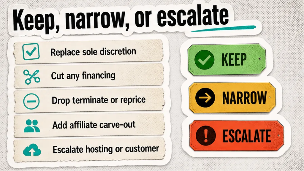 Keep, narrow, or escalate board for sole discretion, any financing, terminate or reprice, and affiliate carve-out