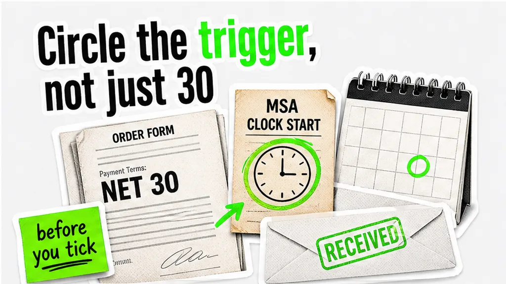 Order form marked Net 30 with the MSA clock-start clause circled; no host