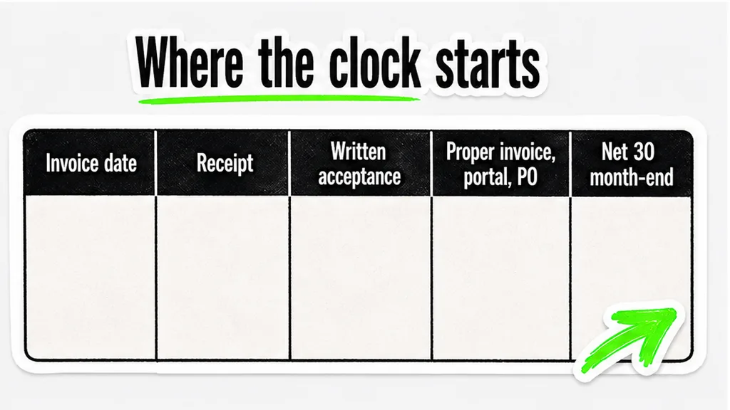 Where the clock starts: invoice date, receipt, written acceptance, proper invoice plus portal, Net 30 month-end