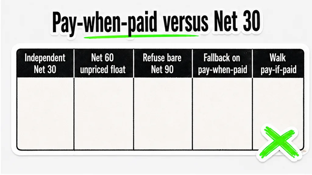 Pay-when-paid versus Net 30: independent Net 30, Net 60 float, refuse bare Net 90