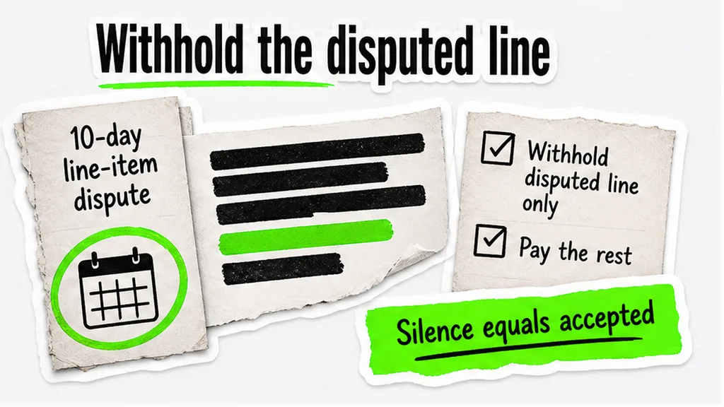 Dispute withhold: 10-day line-item notice, withhold the disputed line only, pay the rest