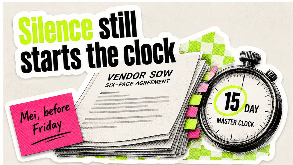 Silent vendor SOW with the 15-day master acceptance clock circled; no host