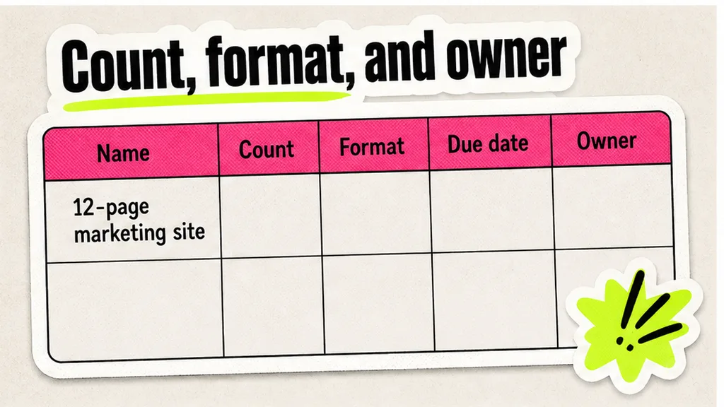SOW deliverable table with count, format, and owner columns; 12-page marketing site row