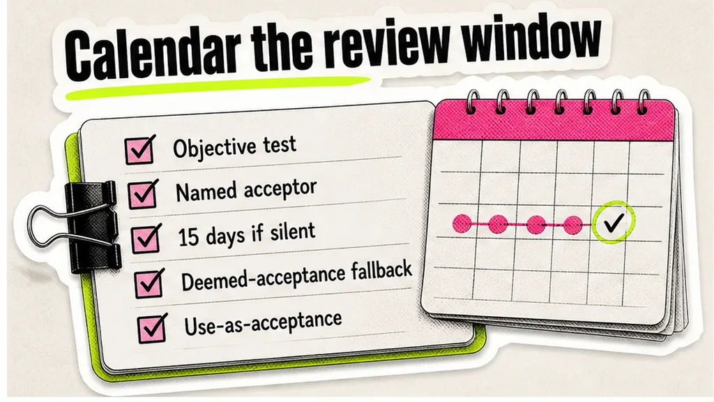 SOW acceptance row with review window and 15-day deemed-acceptance clock circled