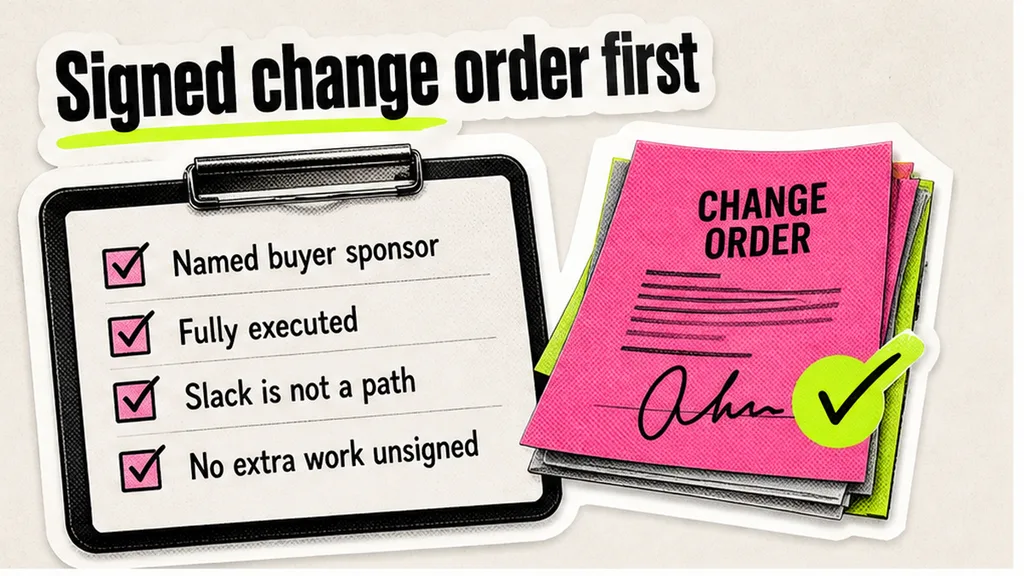 Change-order block with named approver and no-work-before-signature rule highlighted