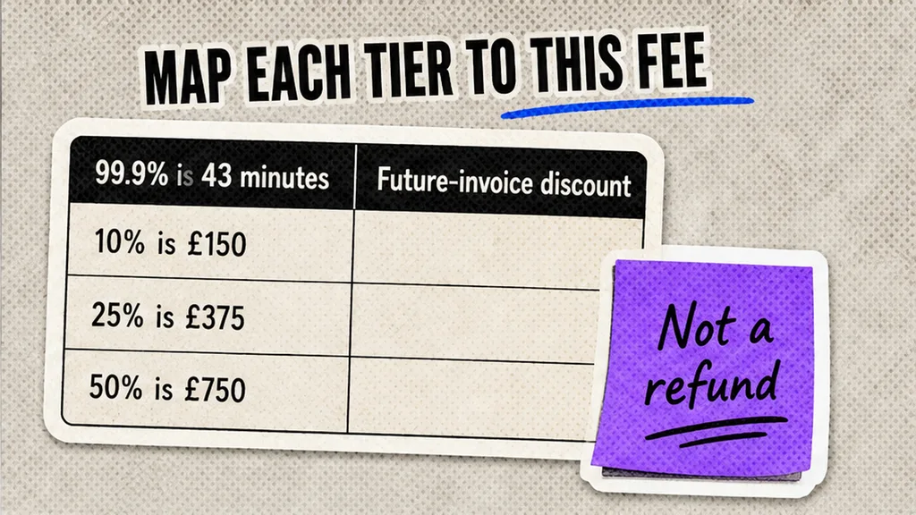 SLA credit table mapping 99.9 percent to 43 minutes and 10, 25, 50 percent to £150, £375, £750