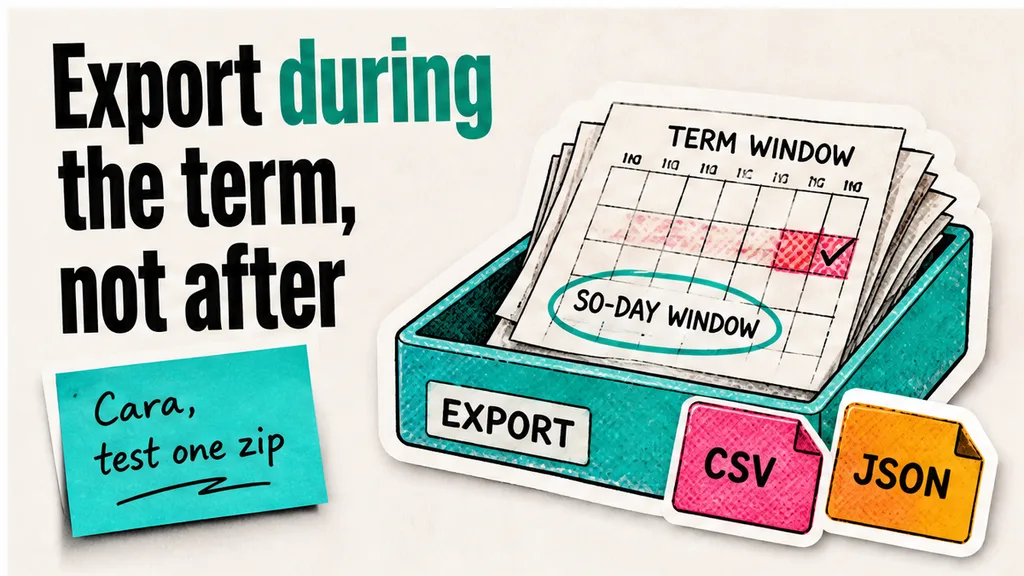 Export tray with CSV and JSON labels and a 30-day window circled