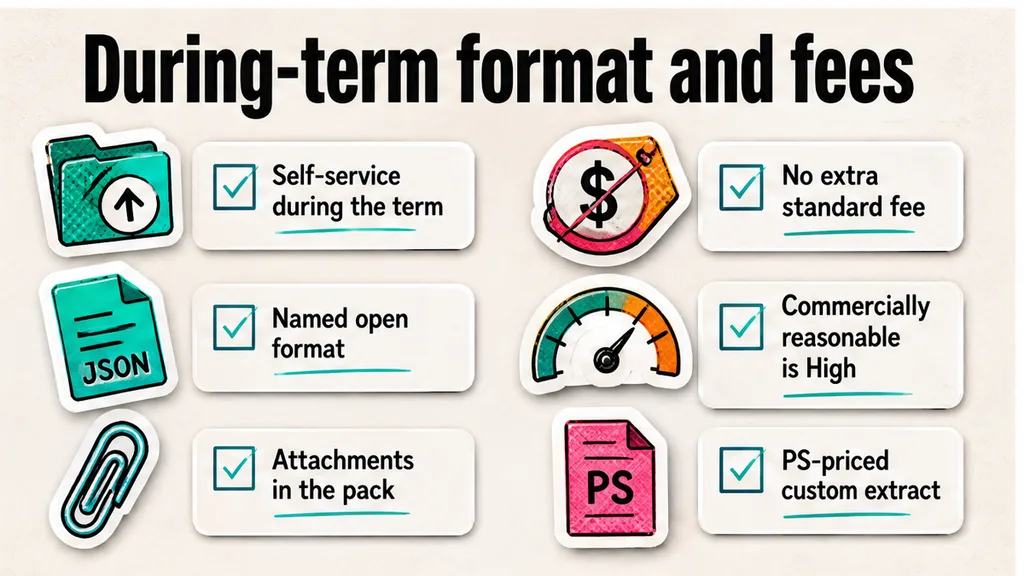 During-term format and fee checks: named open format, attachments, no extra standard fee