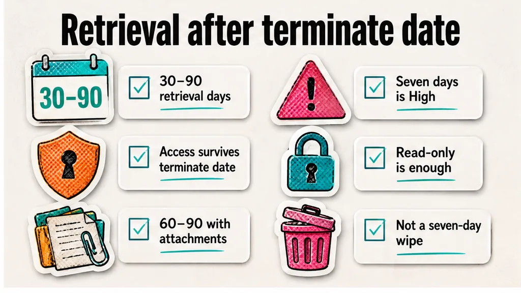 Thirty to ninety retrieval days after SaaS termination, seven-day wipe marked High
