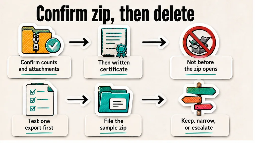 Confirm the export zip, then a written deletion certificate
