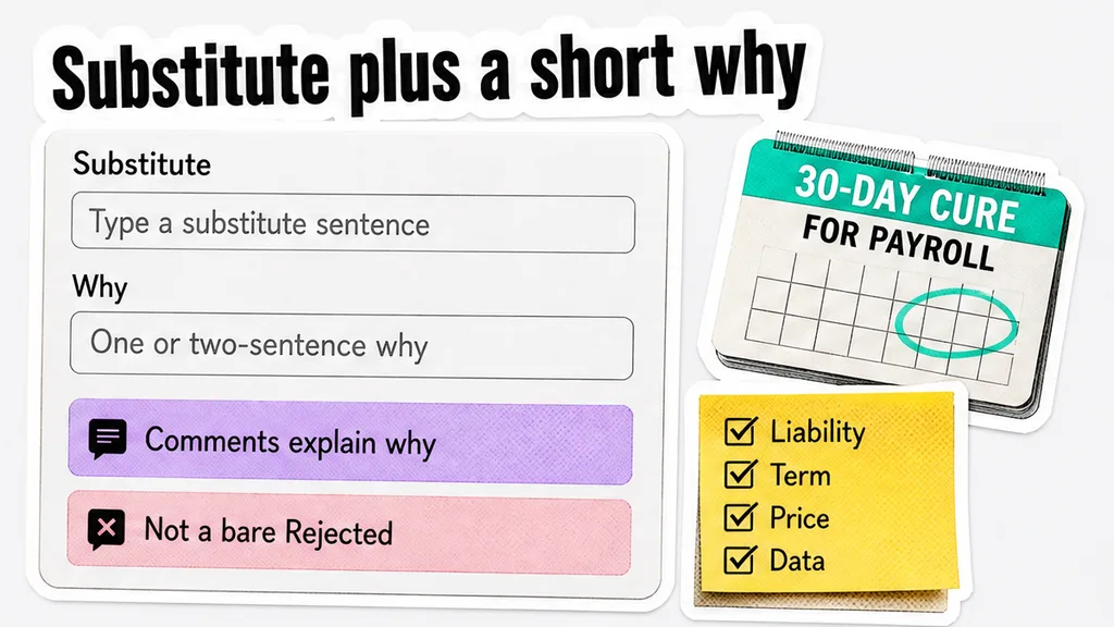 Track Changes replacement sentence with a two-line comment explaining a 30-day cure