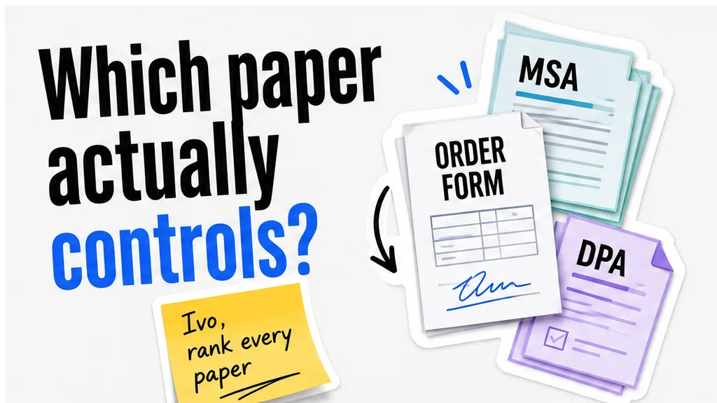 Stacked MSA, order form, and DPA papers with a precedence arrow; no face